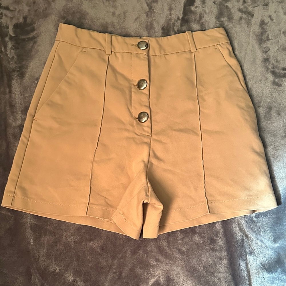 Zara Camel High-Waisted Button Shorts